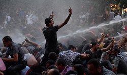 Protesters in Yerevan shot from a water cannon