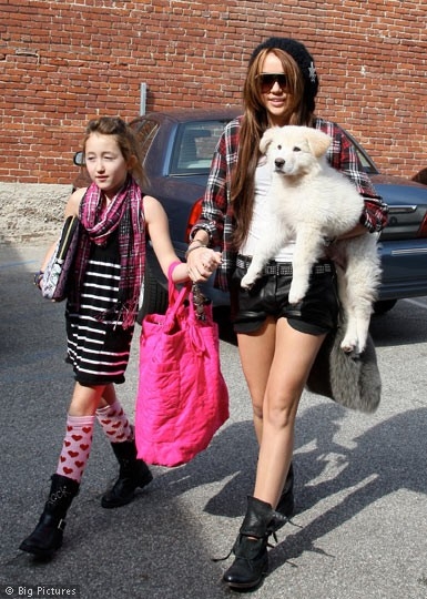 Miley Cyrus tries to distract us from her dodgy ensemble by holding a very cute pup. It almost works, too.